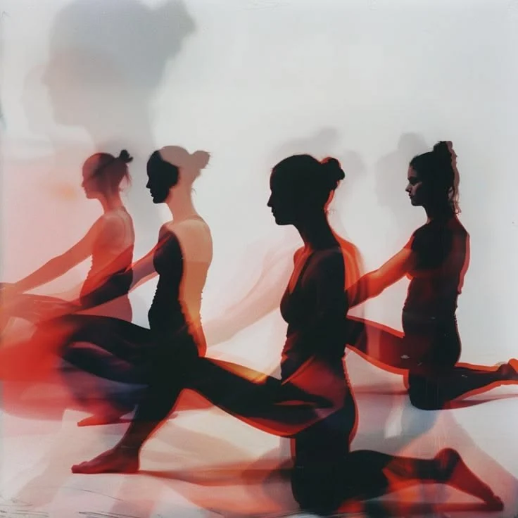 Cuatro practicantes de yoga en secuencia sobre fondo claro